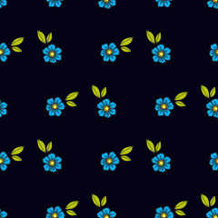 Blue flowers in the old style tattoo. Floral seamless pattern on a black background. Texture 