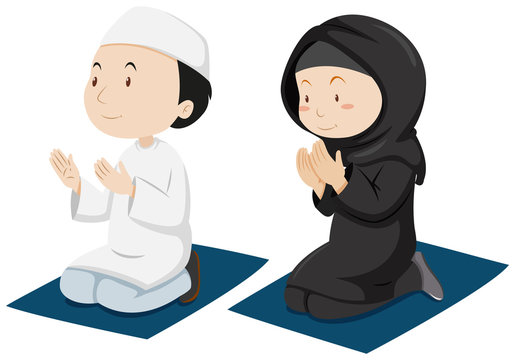 Muslim couple praying on mattress