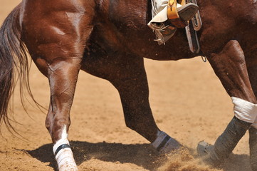 View of the sliding in the dust horse and rider foot with boots and spurs in the stirrup during the riding