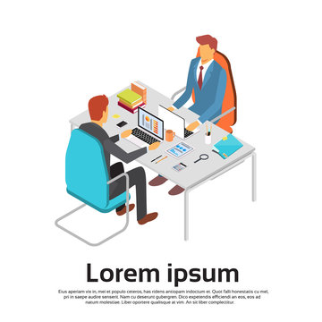 Two Business Man Work Laptop Desk Workspace Copy Space 3d Isometric