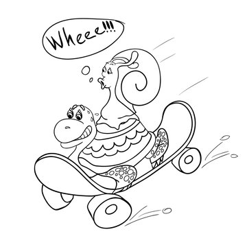 Turtle and Snail on a skateboard. Cartoon character. Outline drawing for coloring.