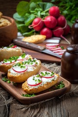 Toasts with radish, chives and cottage cheese on a wooden table.