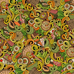 Cartoon hand-drawn doodles of japanese cuisine seamless pattern