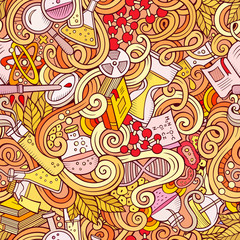 Cartoon hand-drawn science doodles seamless pattern