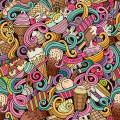 Cartoon hand-drawn ice cream doodles seamless pattern