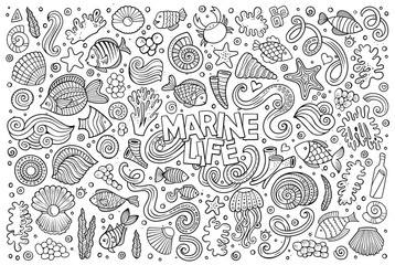 Fototapeta premium Line art set of marine life objects
