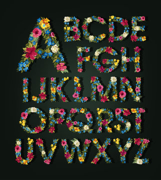 Flower Alphabet. Colorful Font. Uppercase.