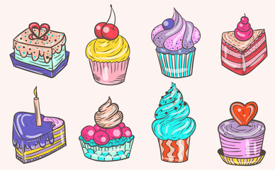Set of color vector and delicious cakes.