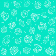 Seamless pattern - silhouettes cakes on mint background