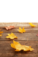 Naklejka na ściany i meble Yellow autumn leaves on wooden table, isolated on white