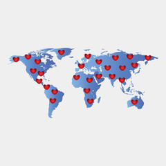 world map with hearts