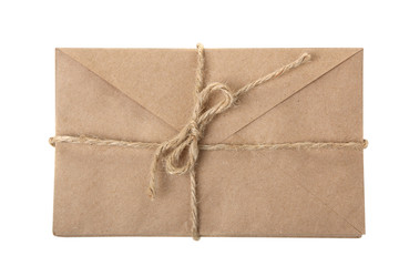 envelope for letters tied up with rope on white isolated background