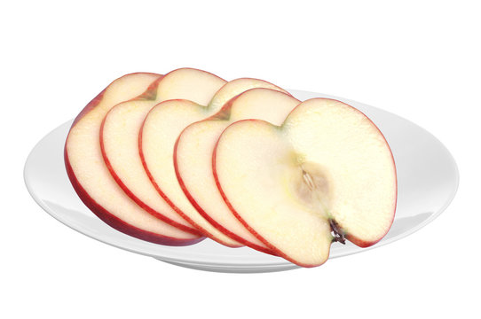 fresh apple fruit slices on white plate isolated on white backgr