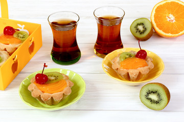 Tartlets with fruits and tea