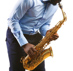Obraz premium African American jazz musician playing the saxophone, isolated on white
