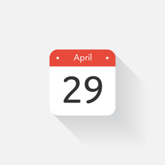 Calendar Icon with long shadow. Flat style. Date,day and month. Reminder. Vector illustration. Organizer application, app symbol. Ui. User interface sign. April. 29