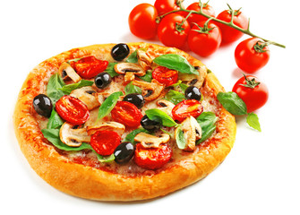 Delicious tasty pizza with vegetables, isolated on white