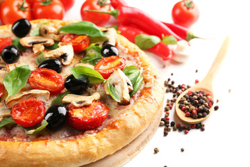 Delicious tasty pizza with vegetables on light background
