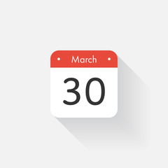 Calendar Icon with long shadow. Flat style. Date,day and month. Reminder. Vector illustration. Organizer application, app symbol. Ui. User interface sign. March.30