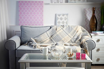 Living room interior with sofa and table