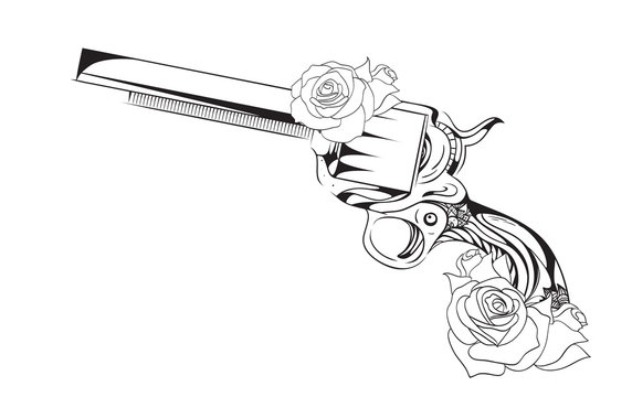 Vector vintage illustration of  revolver with roses.  Vector vintage element for tattoo design printed on a T-shirt, postcards and your creativity