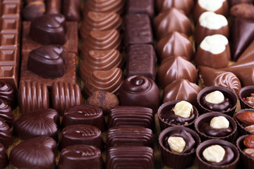 Assortment of delicious chocolate candies background, close up