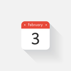 Calendar Icon with long shadow. Flat style. Date,day and month. Reminder. Vector illustration. Organizer application, app symbol. Ui. User interface sign. February.3