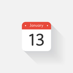 Calendar Icon with long shadow. Flat style. Date,day and month. Reminder. Vector illustration. Organizer application, app symbol. Ui. User interface sign. January.13