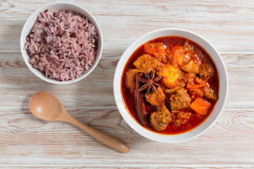 Beef massaman curry eat with Red steamed rice