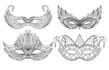 Set of hand-drawn doodle face holiday masks. Festival Mardi Gras, masquerade.