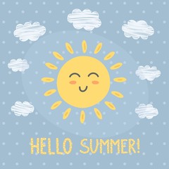 Hello Summer card with a cute sun. Vector illustration