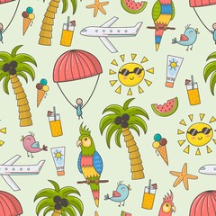 Summer vacation seamless pattern. Cute summer time theme background. Vector illustration