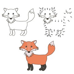 Cute cartoon fox. Coloring and dot to dot educational game for kids. Vector illustration