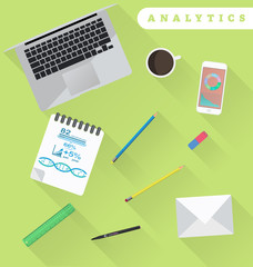 Business analytics and financial audit. Brainstorm and calculations. Working place in flat design.