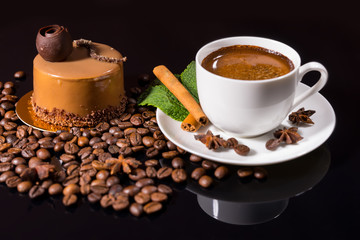 Black Coffee with Gourmet Chocolate Cake and Beans