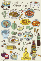 Fototapeta premium Doodles Thai food and icons set, vector