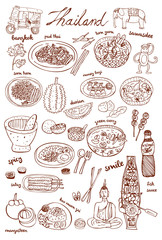 Naklejka premium Doodles Thai food and icons set, vector