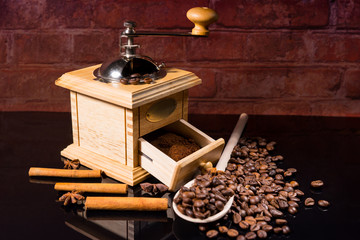 Wooden Spoon, Roasted Coffee Beans and Grinder