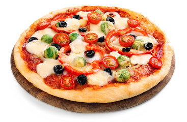 Delicious pizza with cheese and vegetables isolated on white