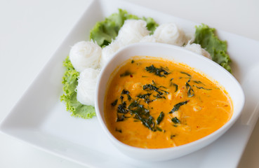 Crab meat coconut milk curry with rice noodle, Thai spicy soup c