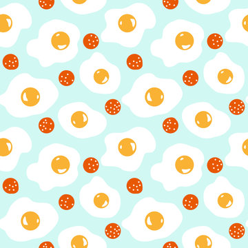 Cute seamless breakfast pattern with eggs and sausages