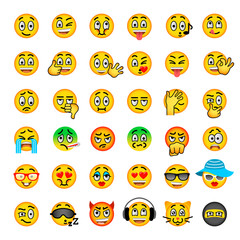Smiley face flat vector icons set. Emoji emoticons. Different  facial emotions and expression symbols. Cute cartoon illustrations of mood and reactions for text chat and web messenger. Ball character