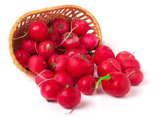 radishes in a wicker basket isolated on white background