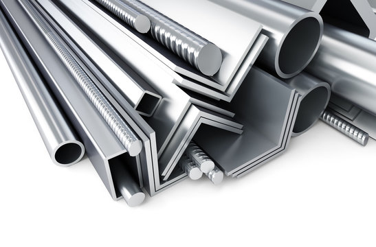 metal pipes, angles, channels, squares. 3D rendering, on a white background