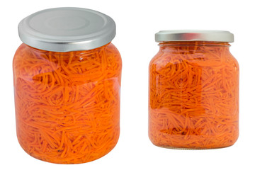 Canned carrots in a jar isolated on white background