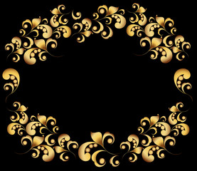 Rich gold frame. Floral pattern. Decorative ornament on a black background.
