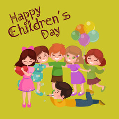Obraz na płótnie Canvas Vector illustration kids playing, greeting card happy childrens day background