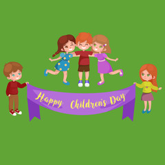 Vector illustration kids playing, greeting card happy childrens day background