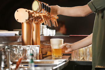 Barman hands pouring a lager beer in a glass.