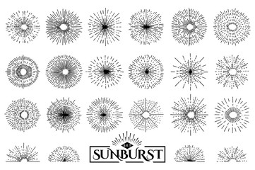 Set of vintage sunburst. Hand drawn. Light ray. Design template  for icons, logos or graphic elements.